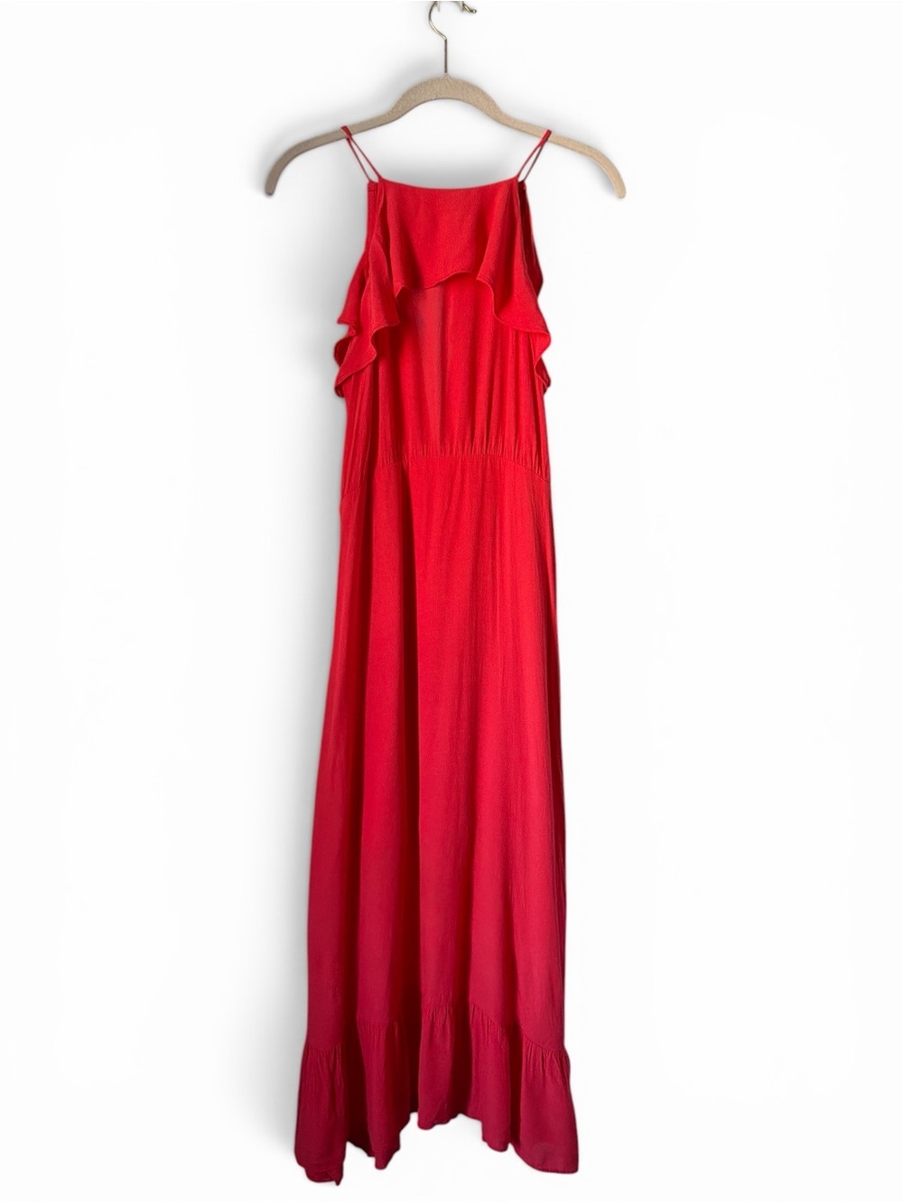 Lumiere Red Ruffle Maxi Dress with Spaghetti Straps Summer Daytime Party Flowy